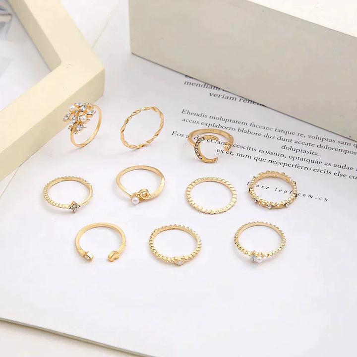 10-Piece Bohemian Ring Set in Silver and Gold