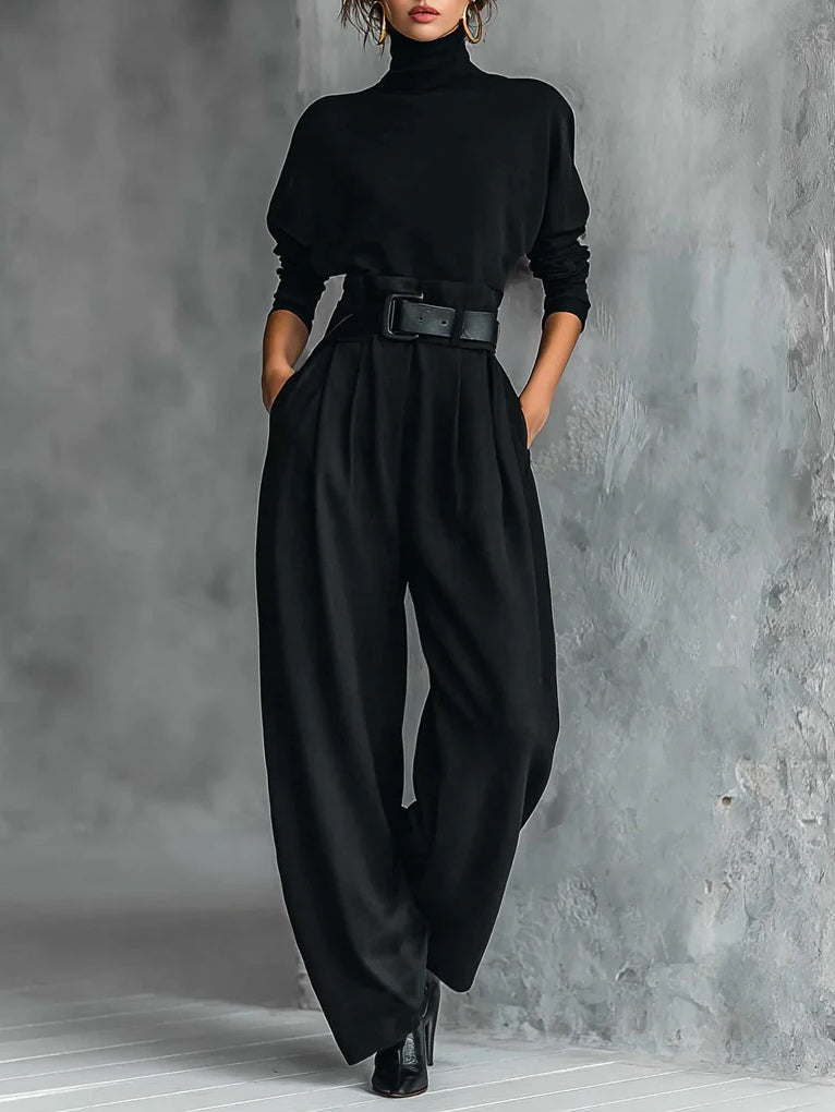 All-black Turtleneck Long-sleeved T-shirt And Straight-leg Pants Two-piece Set (including Belt) - Eliza-Warszawa