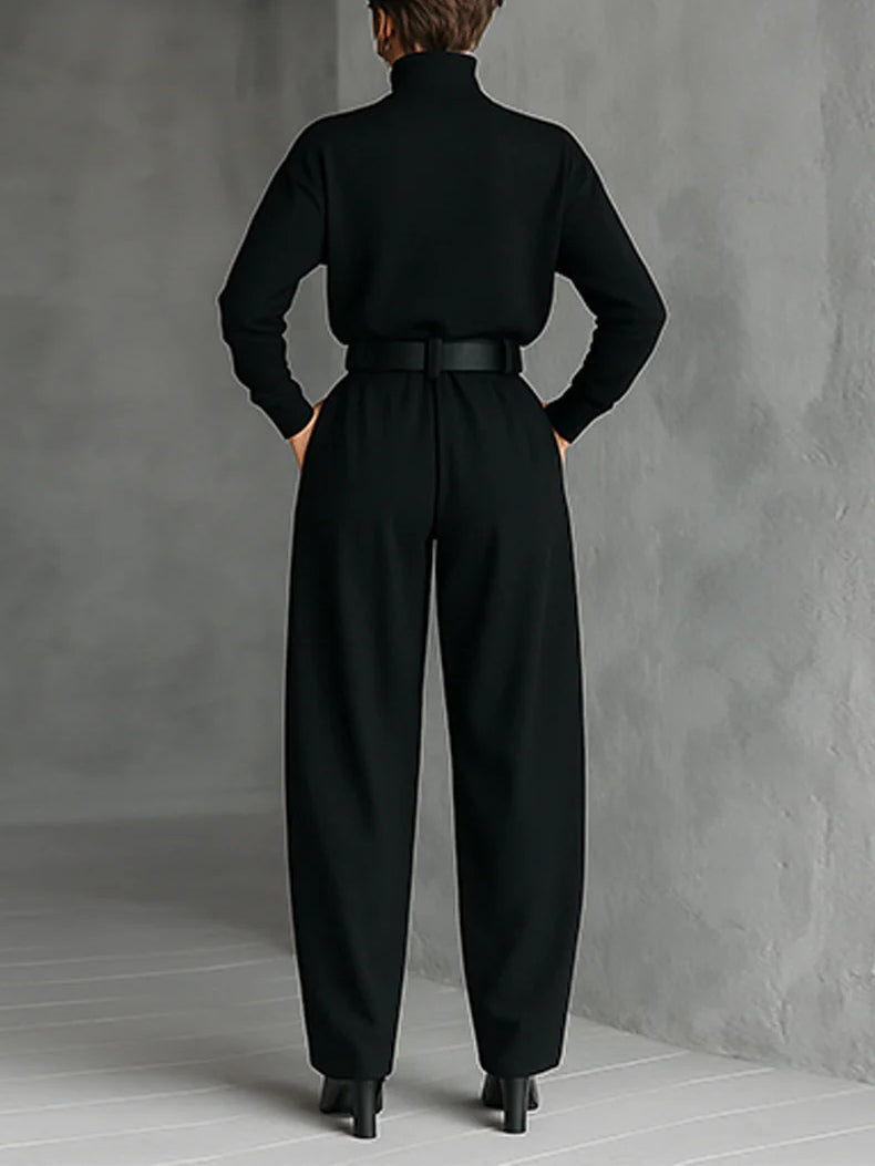 All-black Turtleneck Long-sleeved T-shirt And Straight-leg Pants Two-piece Set (including Belt) - Eliza-Warszawa