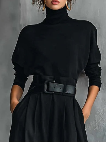 All-black Turtleneck Long-sleeved T-shirt And Straight-leg Pants Two-piece Set (including Belt) - Eliza-Warszawa