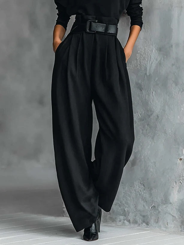 All-black Turtleneck Long-sleeved T-shirt And Straight-leg Pants Two-piece Set (including Belt) - Eliza-Warszawa