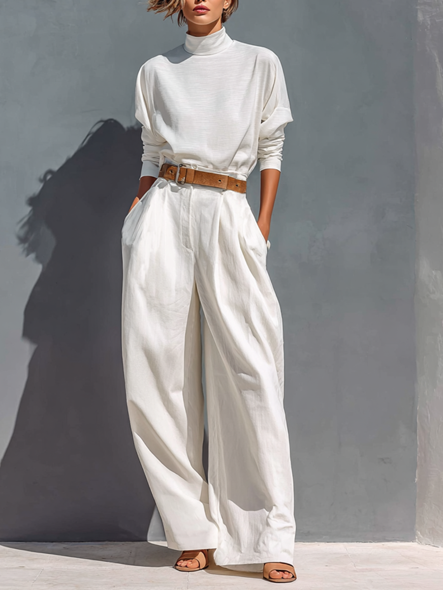 All White Half High Neck Long Sleeve Loose T-shirt Wide Legs Two-piece Set (Belt Not Included) - Eliza-Warszawa