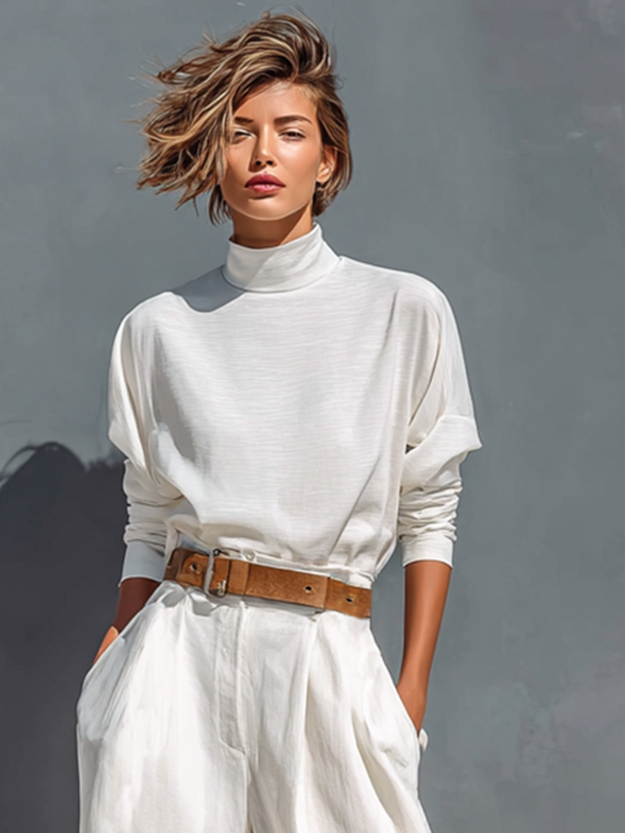 All White Half High Neck Long Sleeve Loose T-shirt Wide Legs Two-piece Set (Belt Not Included) - Eliza-Warszawa
