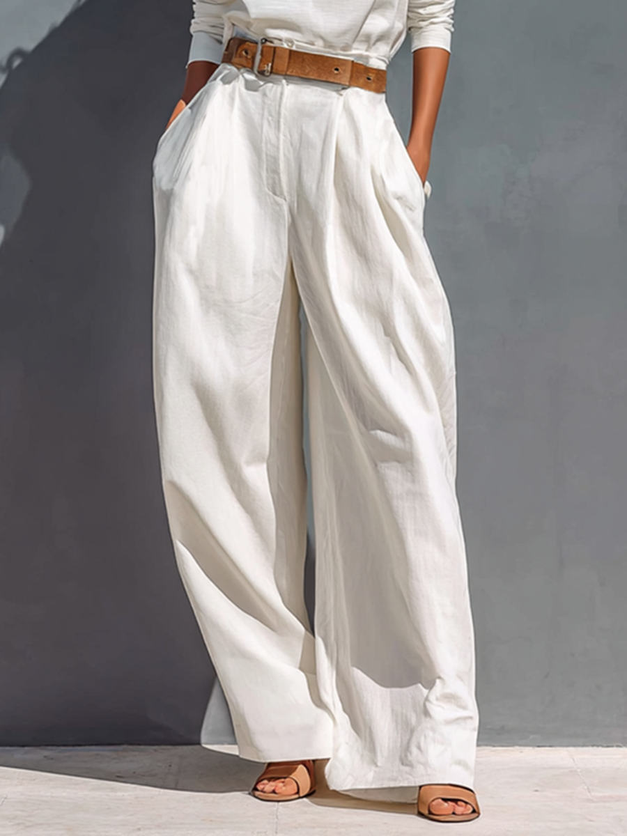 All White Half High Neck Long Sleeve Loose T-shirt Wide Legs Two-piece Set (Belt Not Included) - Eliza-Warszawa