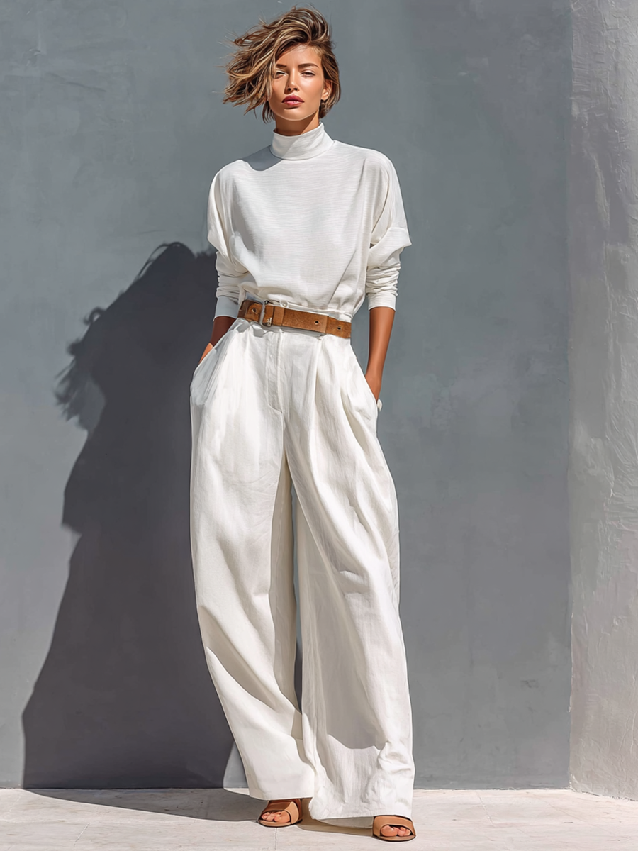 All White Half High Neck Long Sleeve Loose T-shirt Wide Legs Two-piece Set (Belt Not Included) - Eliza-Warszawa