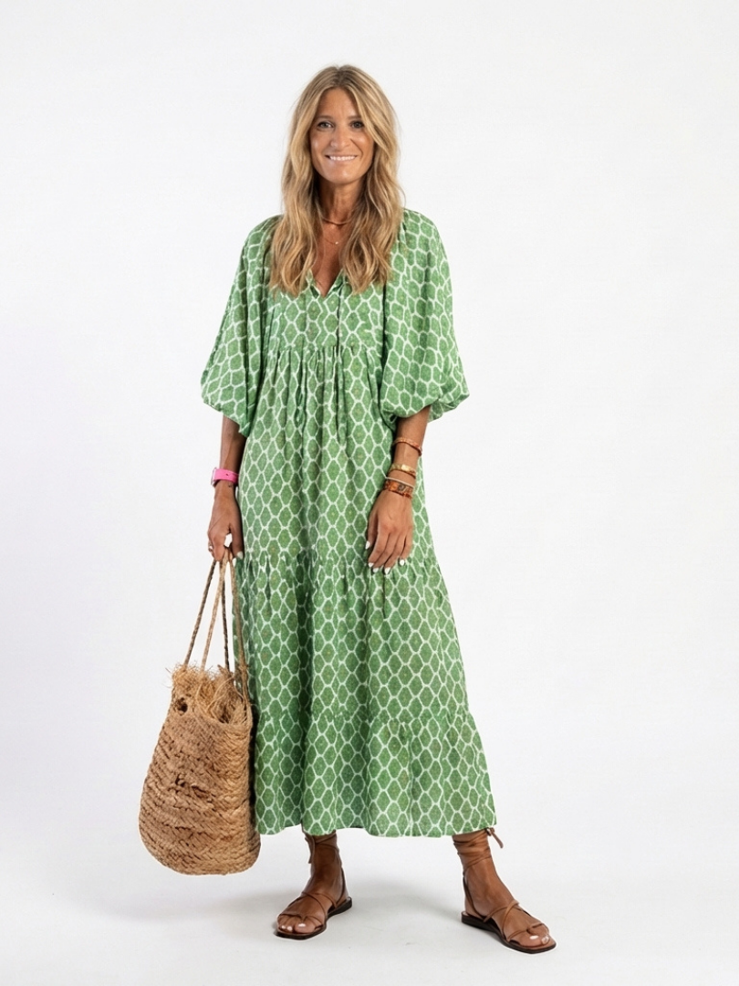 Apolline - Three Quarter Sleeve V Neck Patterned Midi Dress - Eliza-Warszawa