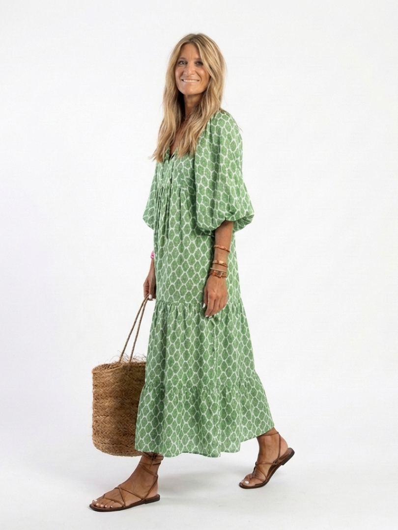 Apolline - Three Quarter Sleeve V Neck Patterned Midi Dress - Eliza-Warszawa