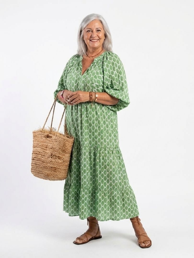 Apolline - Three Quarter Sleeve V Neck Patterned Midi Dress - Eliza-Warszawa