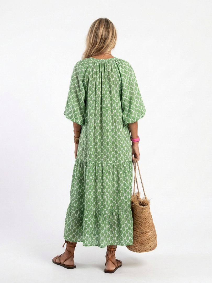 Apolline - Three Quarter Sleeve V Neck Patterned Midi Dress - Eliza-Warszawa