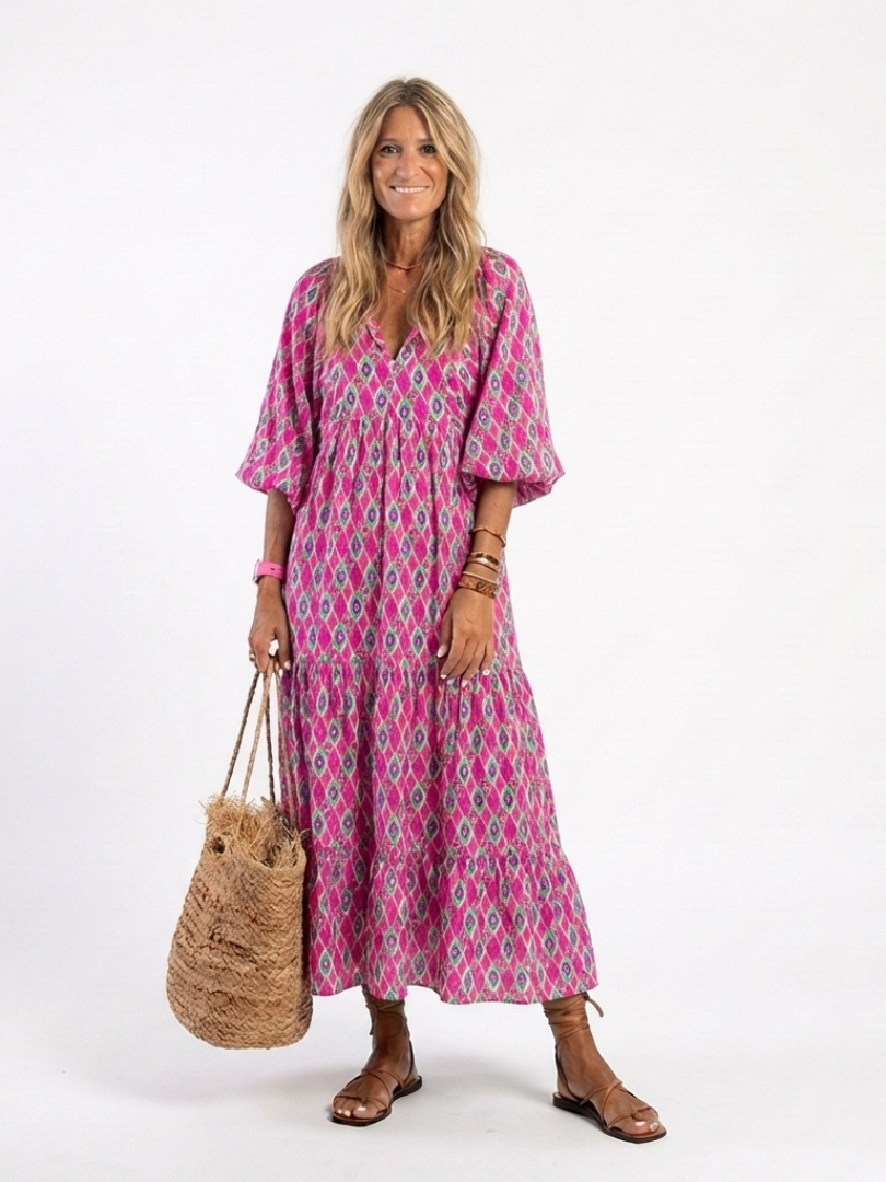Apolline - Three Quarter Sleeve V Neck Patterned Midi Dress - Eliza-Warszawa