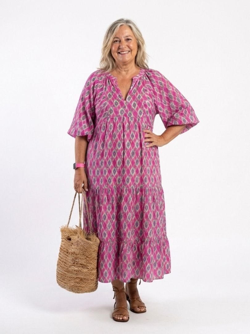 Apolline - Three Quarter Sleeve V Neck Patterned Midi Dress - Eliza-Warszawa