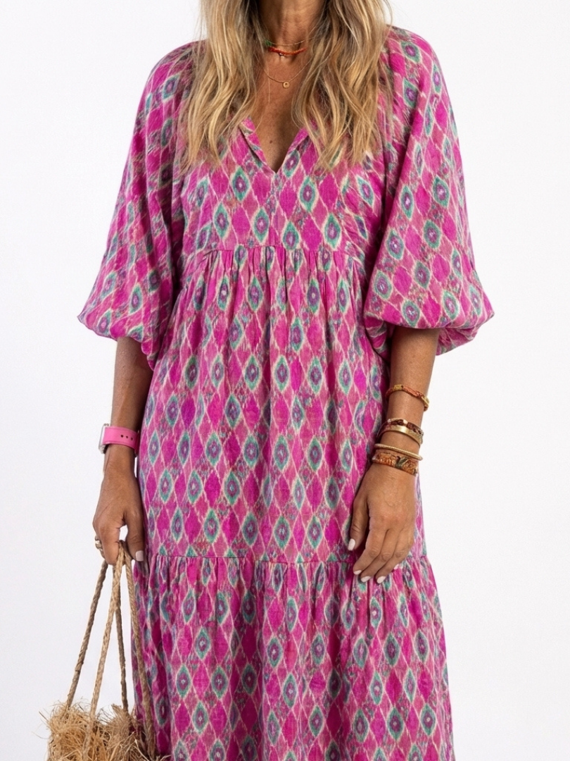 Apolline - Three Quarter Sleeve V Neck Patterned Midi Dress - Eliza-Warszawa