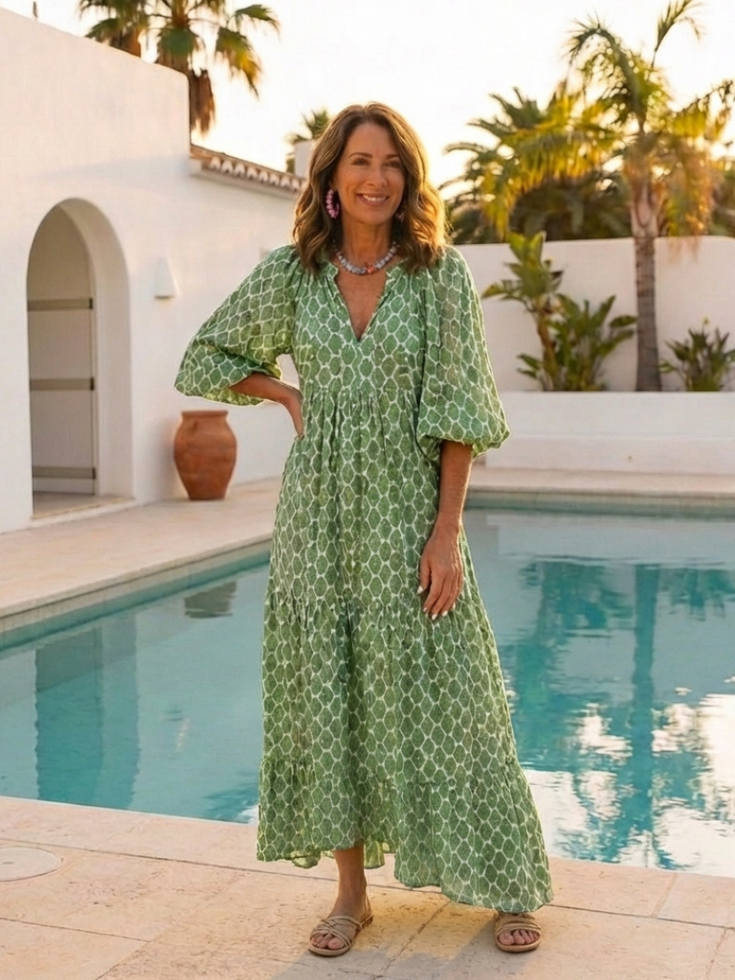 Apolline - Three Quarter Sleeve V Neck Patterned Midi Dress - Eliza-Warszawa