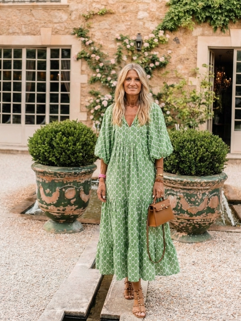 Apolline - Three Quarter Sleeve V Neck Patterned Midi Dress - Eliza-Warszawa