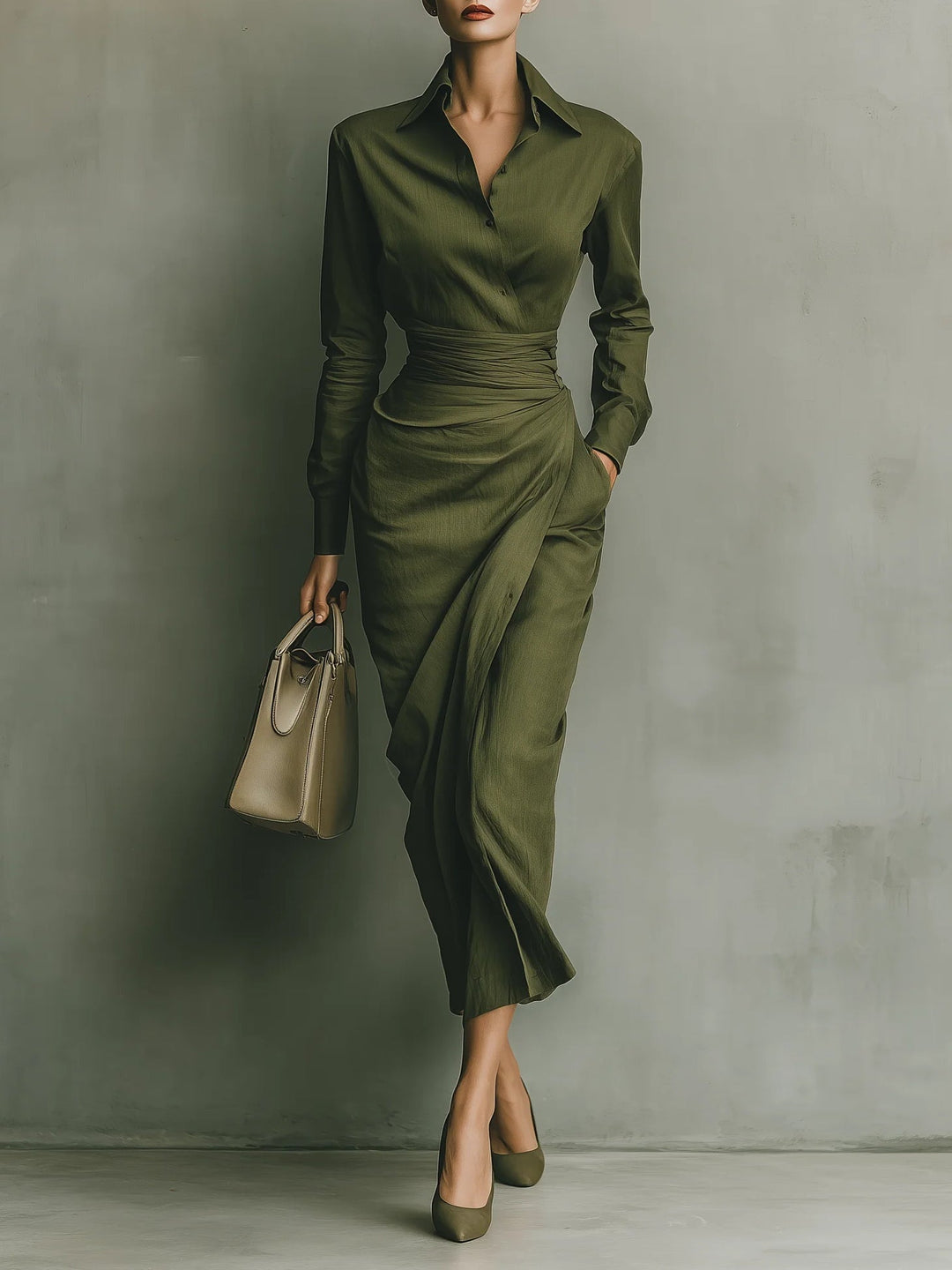 Army Green Cotton Blended Maxi Dress - Eliza-Warszawa
