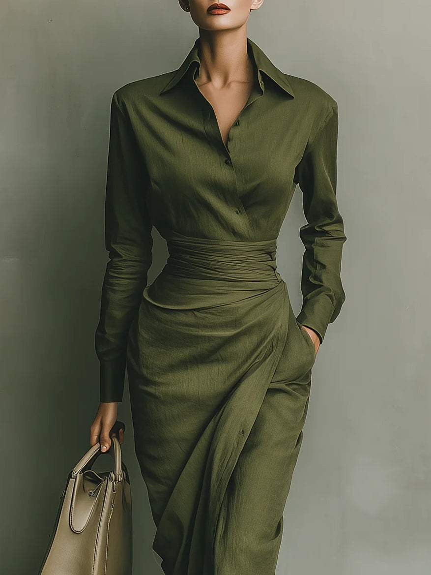 Army Green Cotton Blended Maxi Dress - Eliza-Warszawa