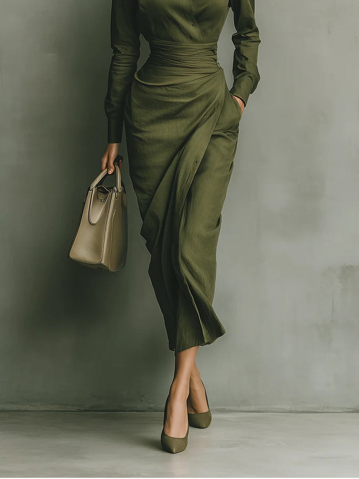 Army Green Cotton Blended Maxi Dress - Eliza-Warszawa
