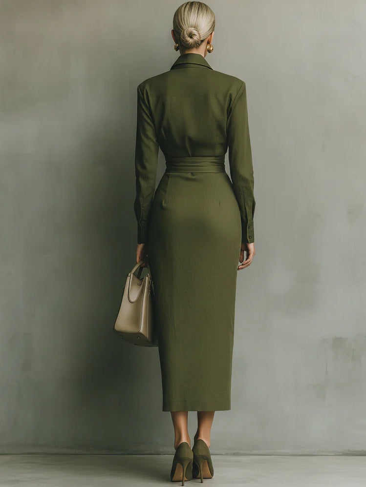 Army Green Cotton Blended Maxi Dress - Eliza-Warszawa