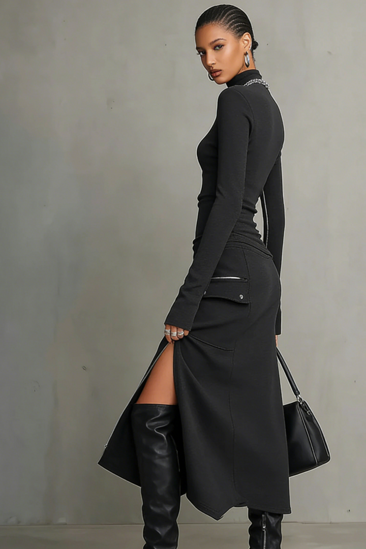 Asymmetric Multi-Zipper High-Neck Two-Piece Set