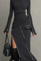 Asymmetric Multi-Zipper High-Neck Two-Piece Set - Eliza-Warszawa