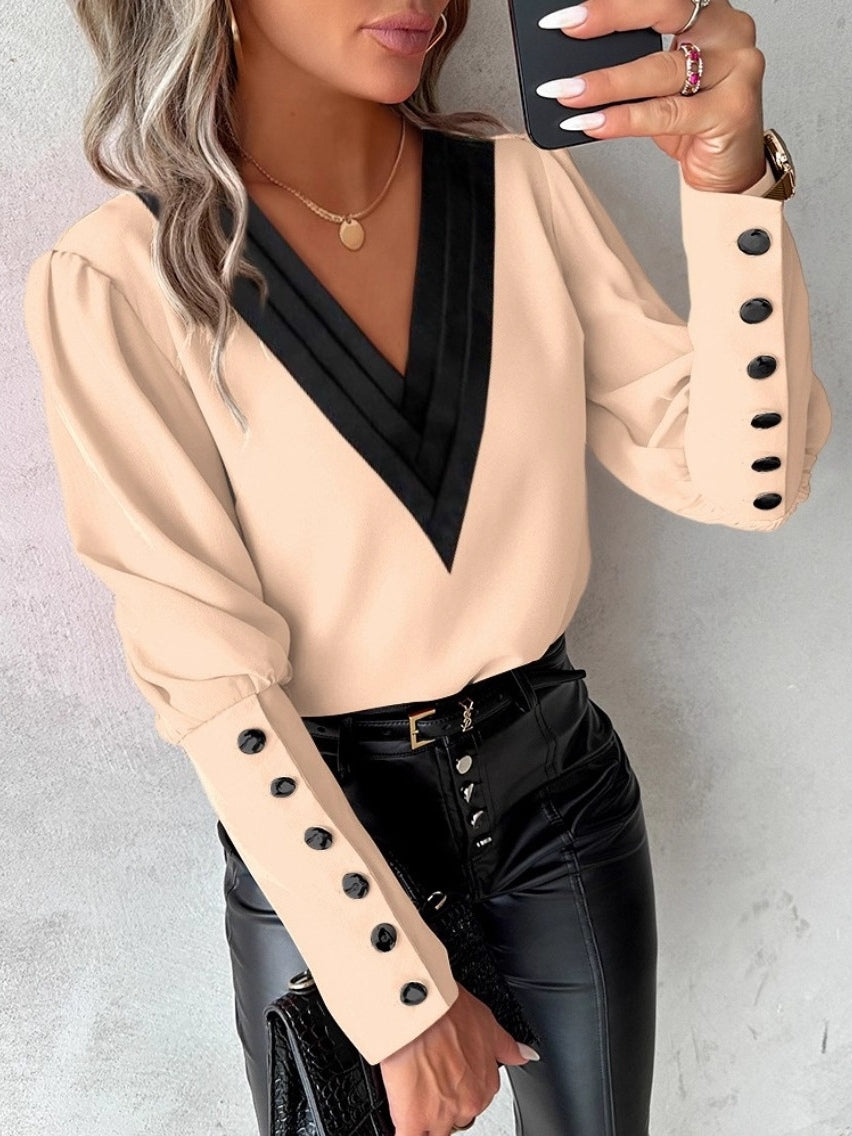 Autumn Fashion V-neck Solid Color Long Sleeve Button-up Shirt