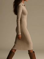 Beige Ribbed Knit Lapel Midi Dress - Eliza-Warszawa