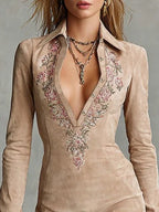 Beige Slim Suede Neck Floral Lapel Midi Dress - Eliza-Warszawa