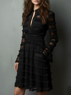 Black Fringe Textured Sheer Layered Mini Dress - Eliza-Warszawa