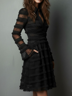 Black Fringe Textured Sheer Layered Mini Dress - Eliza-Warszawa