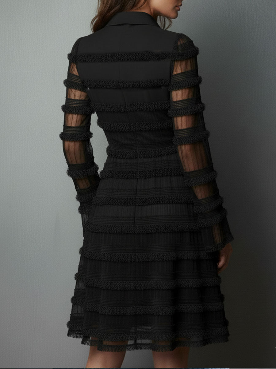 Black Fringe Textured Sheer Layered Mini Dress - Eliza-Warszawa