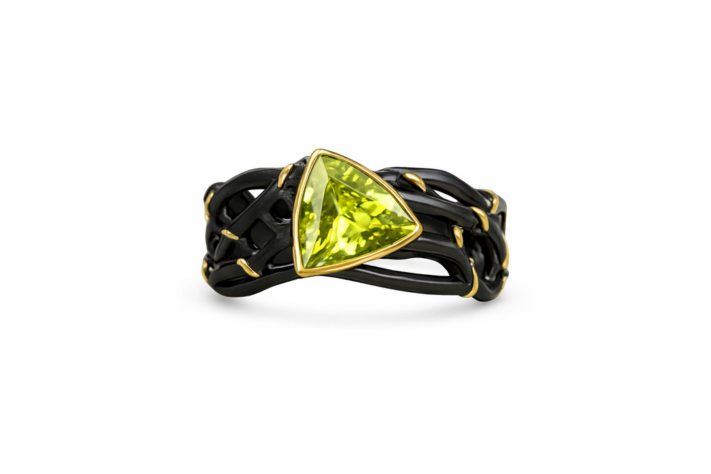 Black Gold Woven Ring with Green Gemstone