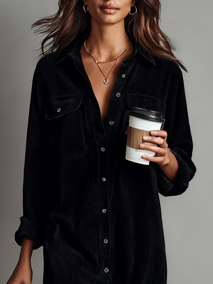 Black Loose Corduroy Double Chest Pocket Single Breasted Midi Dress - Eliza-Warszawa