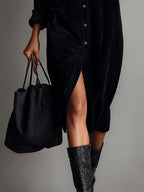 Black Loose Corduroy Double Chest Pocket Single Breasted Midi Dress - Eliza-Warszawa
