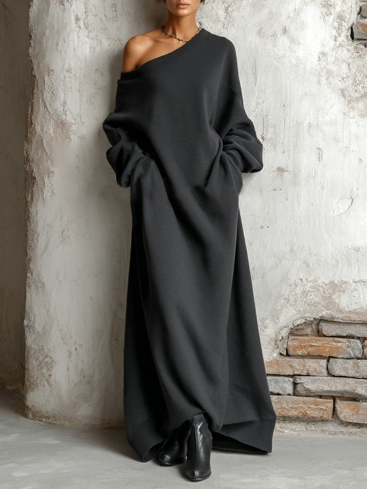 Black Off-shoulder Cotton Sweatshirt Maxi Dress - Eliza-Warszawa