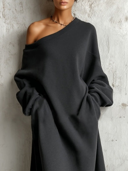 Black Off-shoulder Cotton Sweatshirt Maxi Dress - Eliza-Warszawa