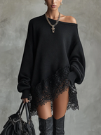 Black Oversized With Lace Hem  Mini Dress - Eliza-Warszawa