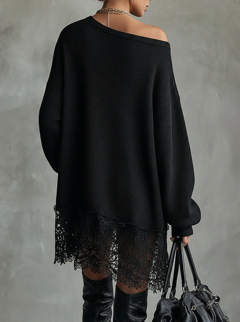 Black Oversized With Lace Hem  Mini Dress - Eliza-Warszawa