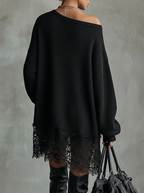 Black Oversized With Lace Hem  Mini Dress - Eliza-Warszawa