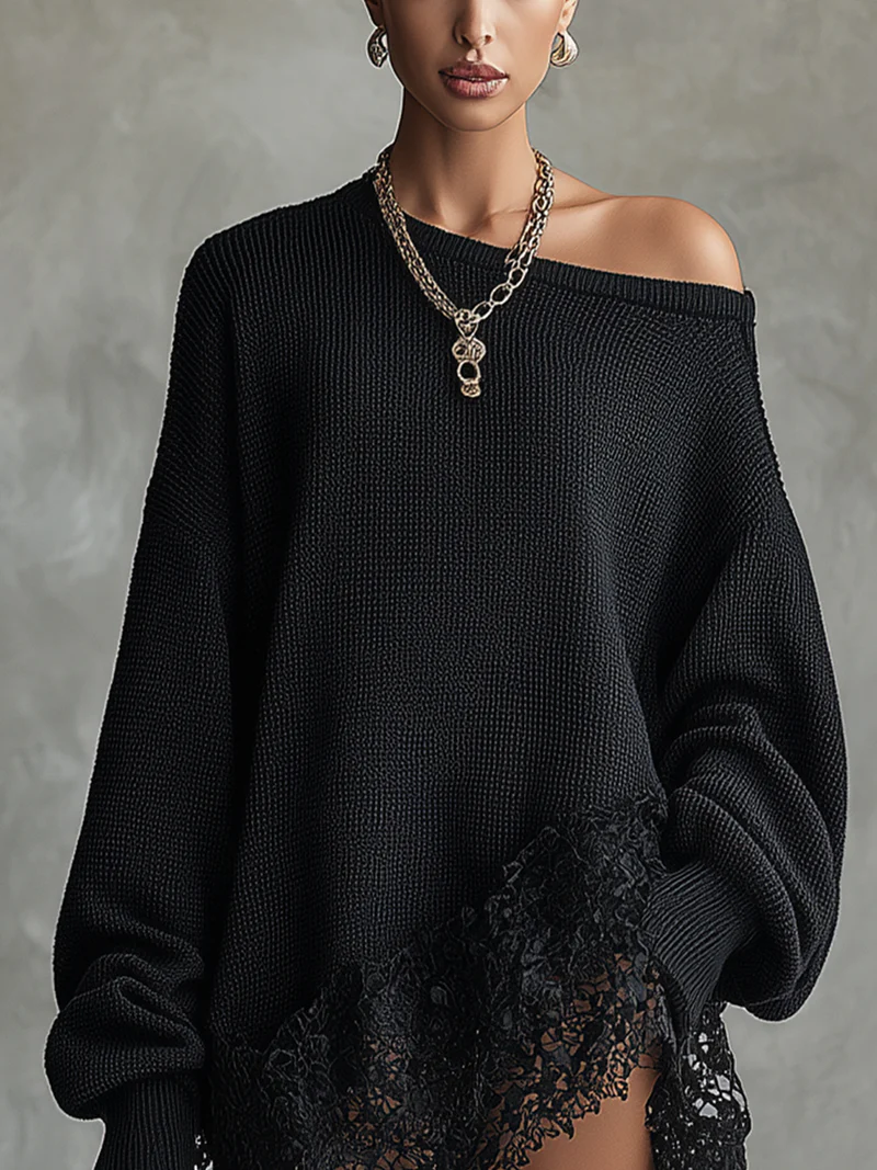 Black Oversized With Lace Hem  Mini Dress - Eliza-Warszawa