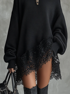 Black Oversized With Lace Hem  Mini Dress - Eliza-Warszawa