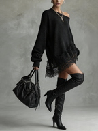 Black Oversized With Lace Hem  Mini Dress - Eliza-Warszawa