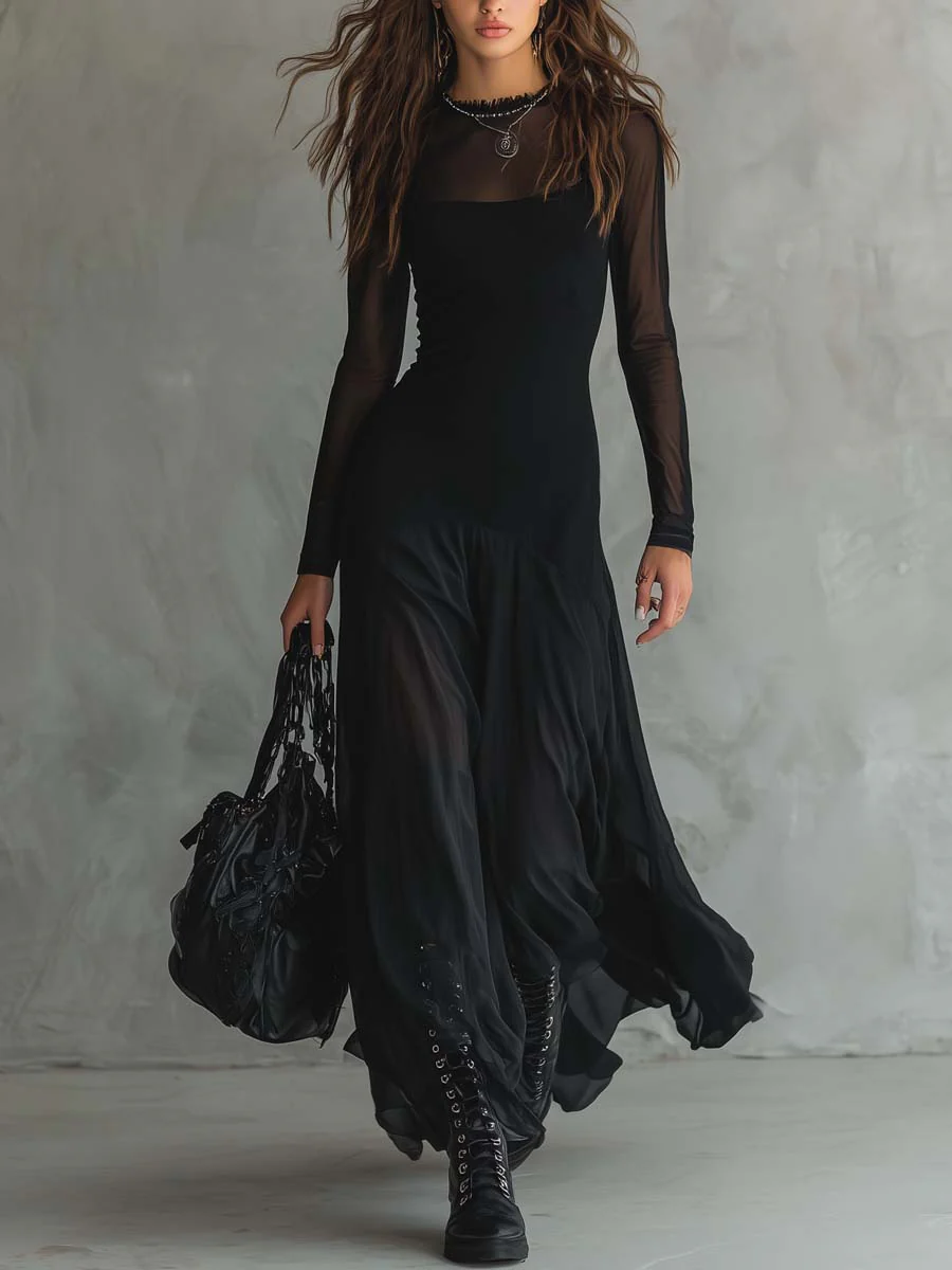 Black Tulle Patchwork Maxi Dress - Eliza-Warszawa
