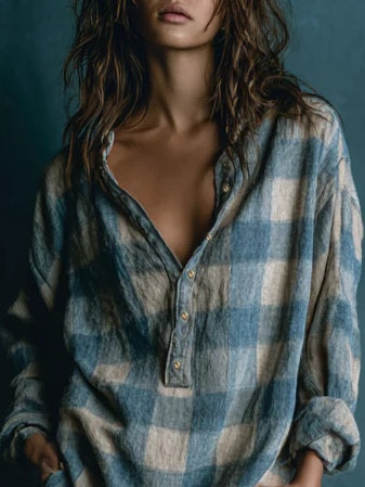 Blue And White Loose Plaid Henley Neck Long Sleeve Mini Dress - Eliza-Warszawa