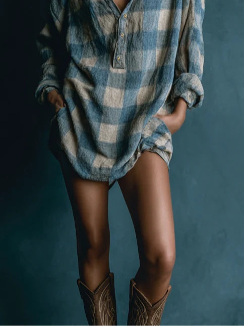 Blue And White Loose Plaid Henley Neck Long Sleeve Mini Dress - Eliza-Warszawa