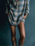 Blue And White Loose Plaid Henley Neck Long Sleeve Mini Dress - Eliza-Warszawa