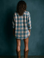 Blue And White Loose Plaid Henley Neck Long Sleeve Mini Dress - Eliza-Warszawa