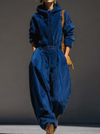 Blue Corduroy Hooded Top And Wide-leg Pants Set - Eliza-Warszawa