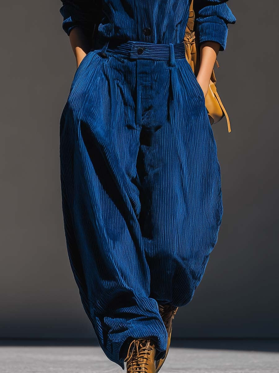 Blue Corduroy Hooded Top And Wide-leg Pants Set - Eliza-Warszawa