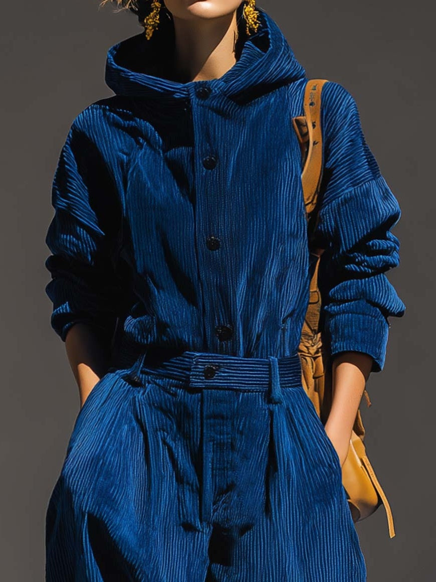 Blue Corduroy Hooded Top And Wide-leg Pants Set - Eliza-Warszawa