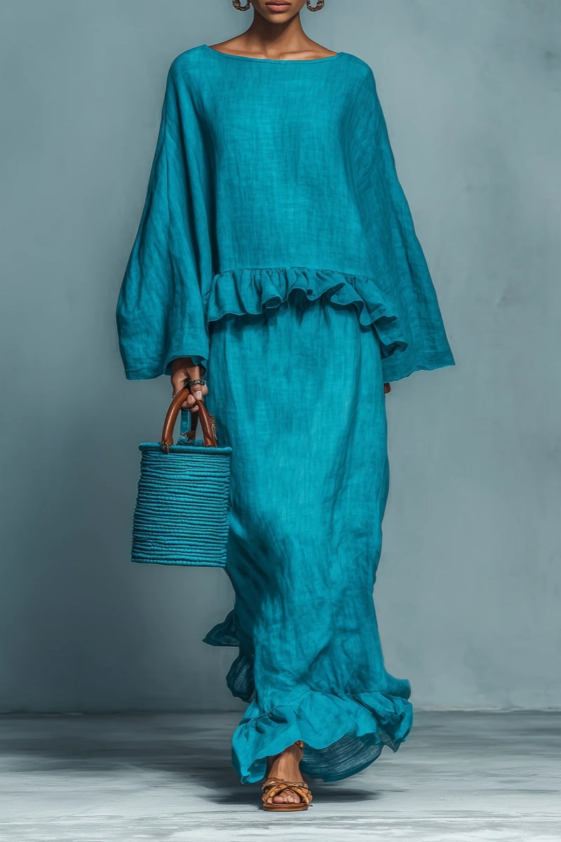 Blue Ruffle Linen-Blend Blouse & Skirt Set - Eliza-Warszawa